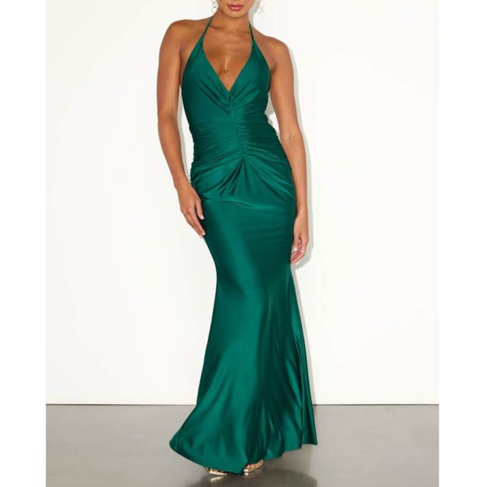 NEW Lulus Zaniya Emerald Green Ruched Halter Open Back Mermaid Maxi Dress XS